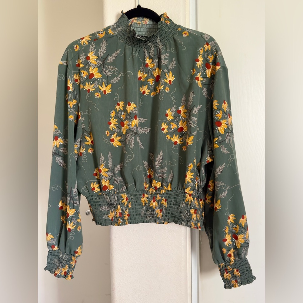 Monki floral print cropped high neck top in green